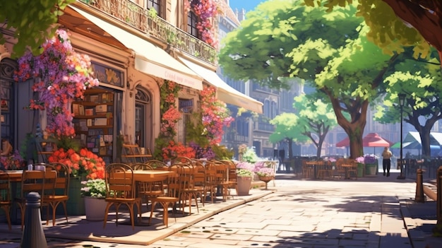 Photo anime style image of a street with tables and chairs and a tree generative ai