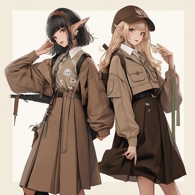 Изображение двух женщин в униформе с шляпами и тростью в стиле аниме