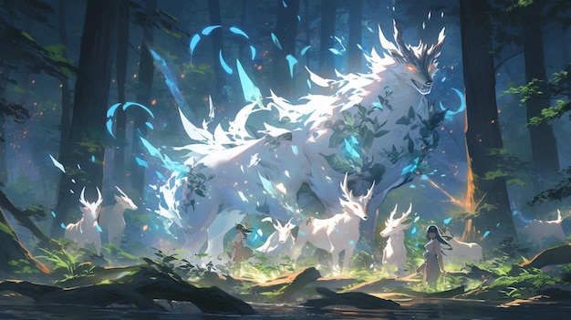 anime style image of a white horse in a forest with blue lights generative ai