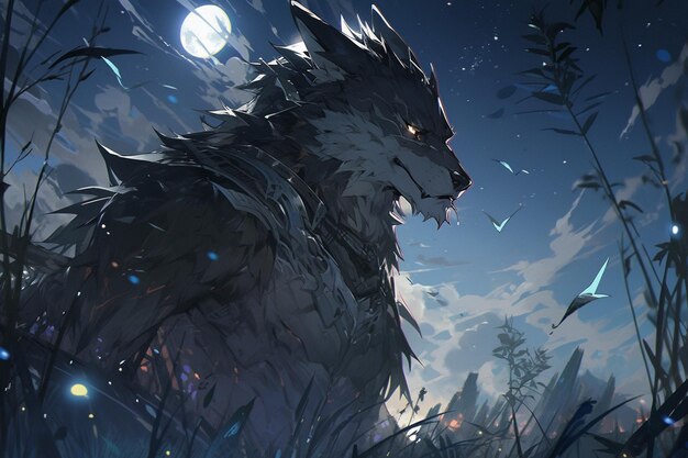 Premium AI Image  anime wolf in a field of flowers with a full moon in the  background generative ai