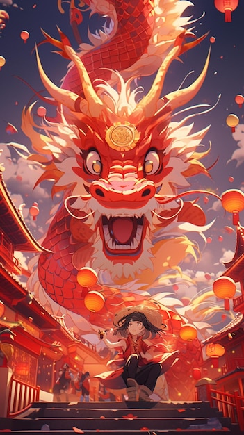 Изображение женщины в кимоно с драконом на голове в стиле аниме