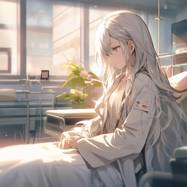anime style image of a woman sitting in a hospital bed generative ai