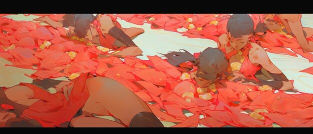 赤い花に囲まれた女性のアニメスタイルの画像