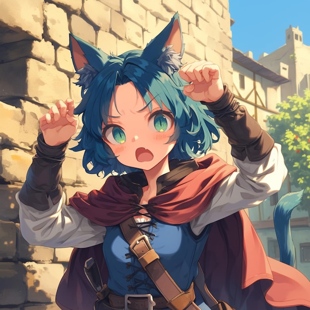 Изображение женщины с голубыми волосами и кошачьими ушами в стиле аниме