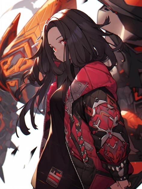 Изображение в стиле аниме женщины с длинными волосами и красной курткой