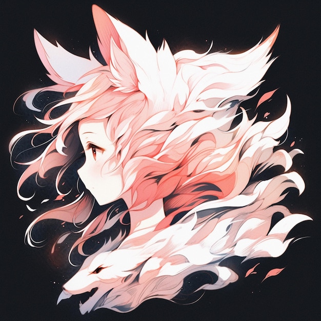 Anime style image of a woman with long pink hair and a white foxs head generative ai