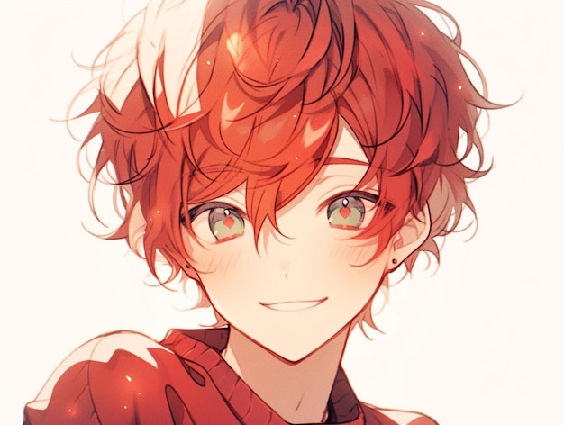 anime style image of a young man with red hair and green eyes generative ai