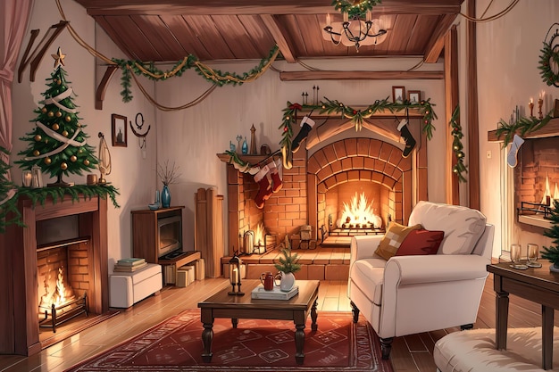 anime style a living room with a fireplace and a Christmas tree in the corner