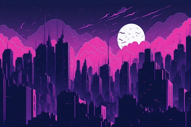애니메이션 스타일의 야간 도시 풍경 네온 색상