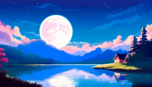 anime style night over a lake with big full moon on the sky copy space for text