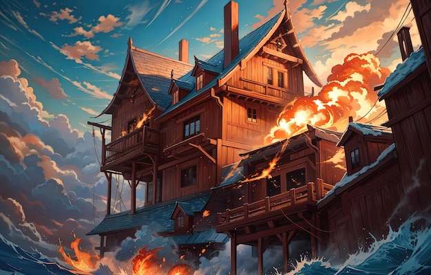 anime style A painting of a building with a fireball in the center