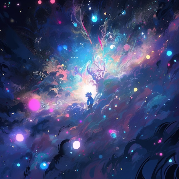 anime style painting of a man and a woman in a space with a star filled sky generative ai