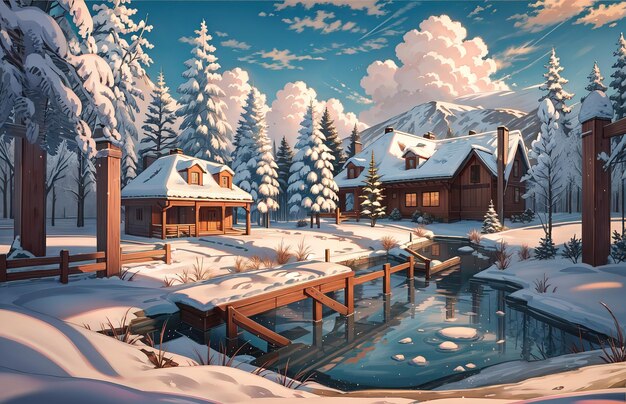 anime style a painting of a snowy landscape with a lake in the foreground