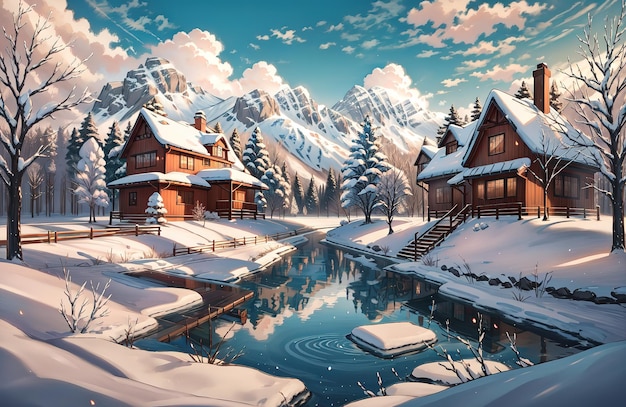 anime style a painting of a snowy landscape with a lake in the foreground