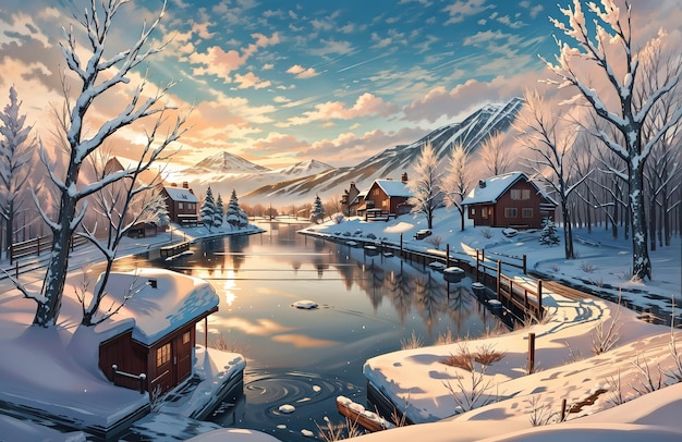 anime style a painting of a snowy landscape with a lake in the foreground