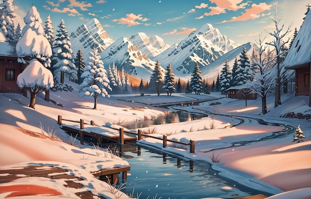 anime style a painting of a snowy landscape with a lake in the foreground