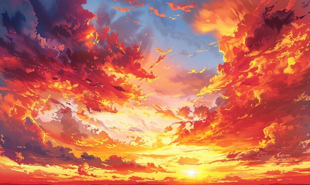 anime style painting of a sunset over a body of water generative ai