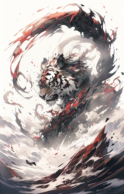 anime style painting of a tiger with blood splatters on its face generative ai