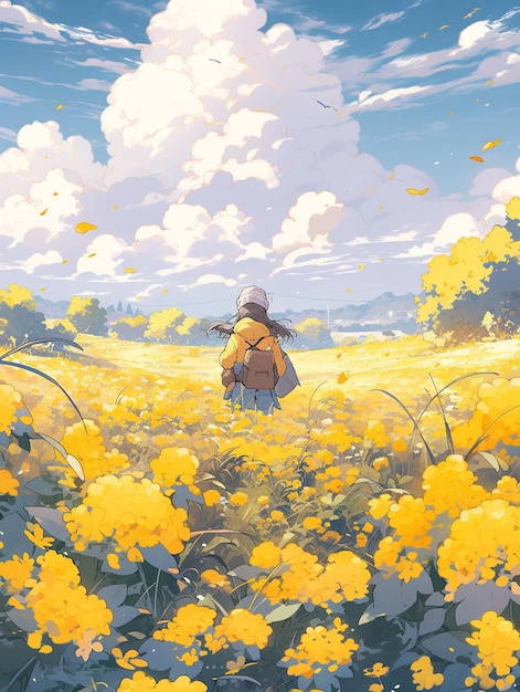 anime style painting of a woman in a field of yellow flowers generative ai