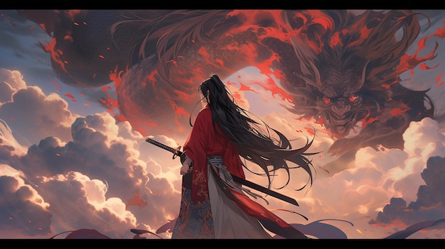 anime style painting of a woman with a sword and a dragon in the sky generative ai