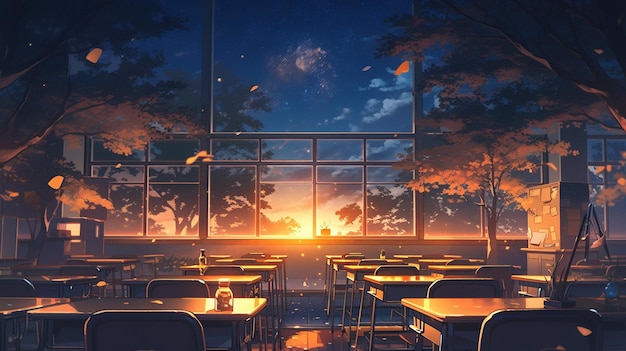 anime style scene of a classroom with tables and chairs and a sunset generative ai