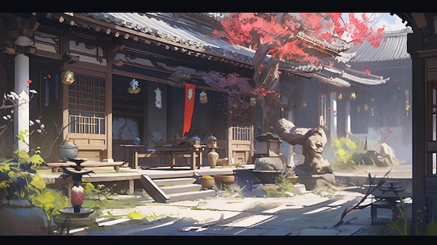 anime style scene of a courtyard with a statue and a tree generative ai