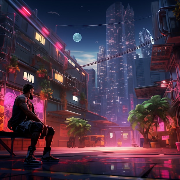 anime style scene of a man sitting on a bench in a city at night generative ai