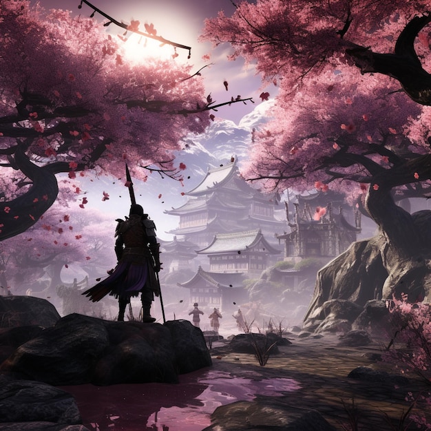 숲 속의 바위 위에 서 있는 남자의 애니메이션 스타일 장면