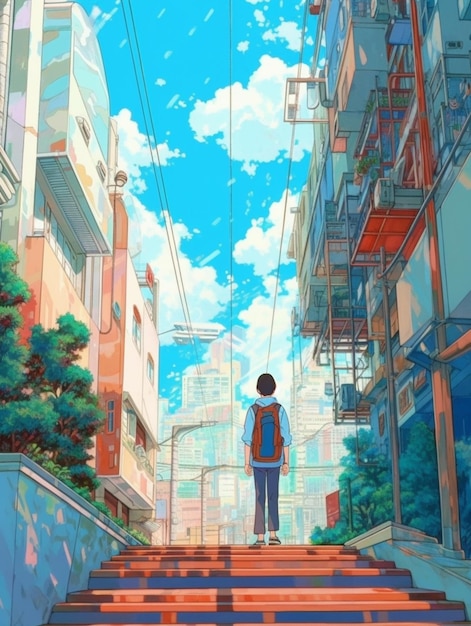 feeling free and flying, anime girl flying over a city, peaceful manga artwork, generative ai technology Stock Illustration