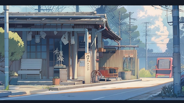 버스 생성 AI가 있는 작은 일본 마을의 애니메이션 스타일 장면