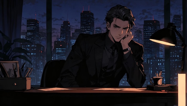 Anime Style Scene Suave Mafia Boss at Desk