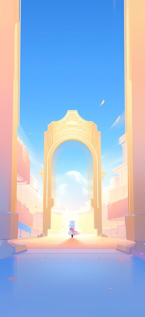 Photo anime style scene of a woman walking through a gate in a desert generative ai