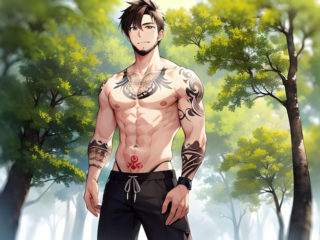 Premium AI Image  Anime Style Shirtless Muscular and Tattooed Guy Looking  at Camera Posing in The Forest Illustration