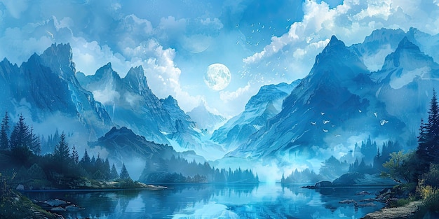 Photo anime style a snowy mountain landscape with mountains and a blue lake