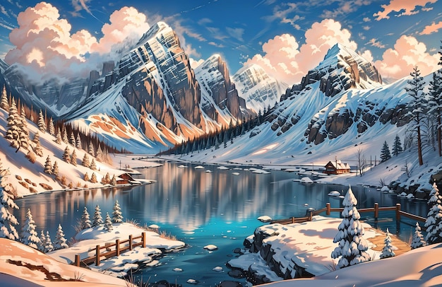 anime style a snowy mountain landscape with mountains and a blue lake