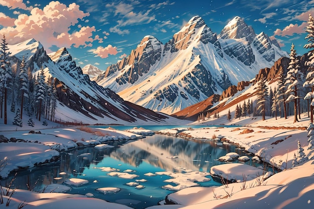 anime style a snowy mountain landscape with mountains and a blue lake