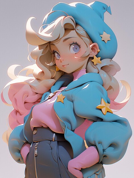 사진 파란 모자와 핑크 드레스를 입은 여자의 애니메이션 스타일 동상 생성 ai