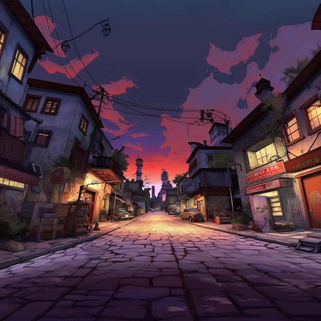 배경에 해가 지는 애니메이션 스타일의 거리 장면
