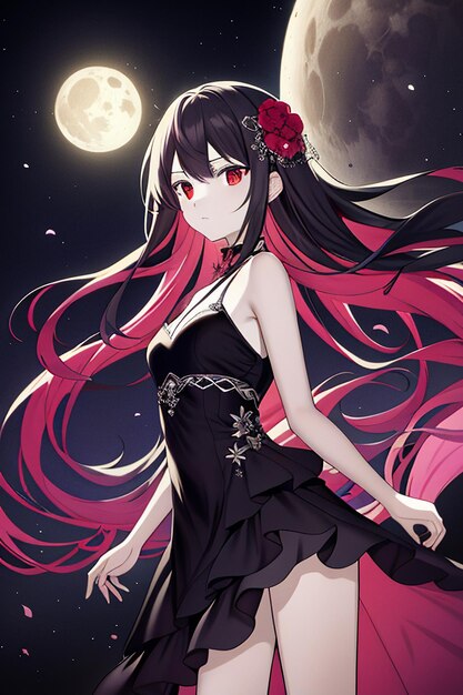 Photo anime style young girl wearing beautiful dress cartoon wallpaper on moon background