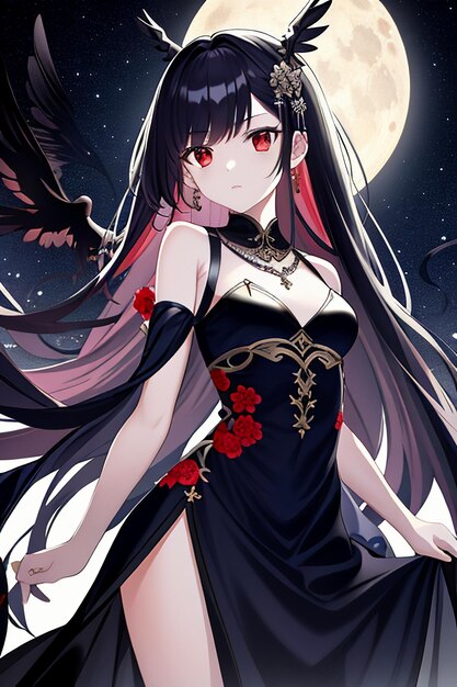 Anime style young girl wearing beautiful dress cartoon wallpaper on moon background