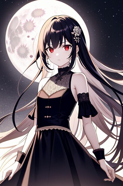 Anime style young girl wearing beautiful dress cartoon wallpaper on moon background