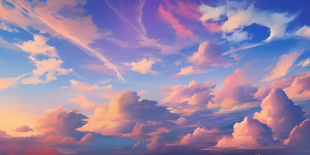 Anime Sunny Day Blue Sky Sun shine White Fluffy Clouds Bright Weather in Summer Season cartoon