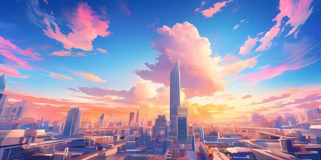 Anime sunny day blue sky sun shine white fluffy clouds bright weather in summer season cartoon