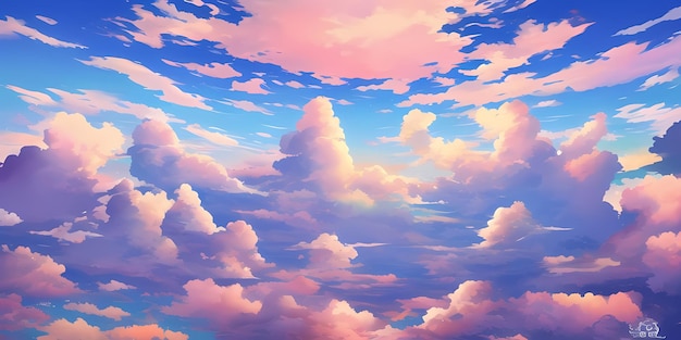 Photo anime sunny day blue sky sun shine white fluffy clouds bright weather in summer season cartoon