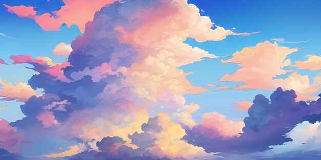 Anime sunny day blue sky sun shine white fluffy clouds bright weather in summer season cartoon