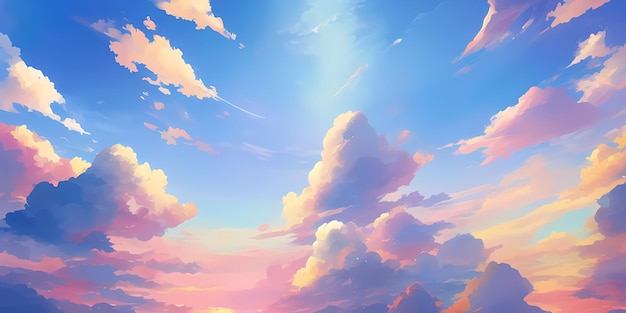 Anime sunny day blue sky sun shine white fluffy clouds bright weather in summer season cartoon