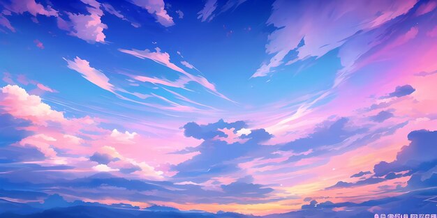 Anime sunny day blue sky sun shine white fluffy clouds bright weather in summer season cartoon