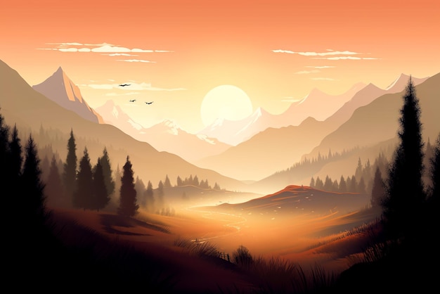 Anime sunset in the mountains Generative AI