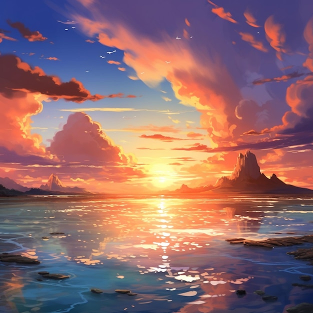 anime sunset with a mountain in the distance generative ai