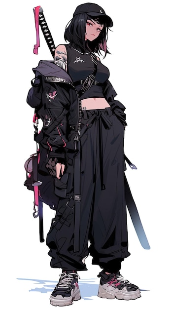 Photo anime teenage girl in black with a katana on his back banner vertical illustration